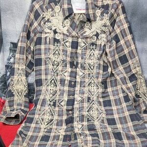 Johnny Was 3J Workshop Plaid Embroidered Button-Down Tunic Shirt Size M